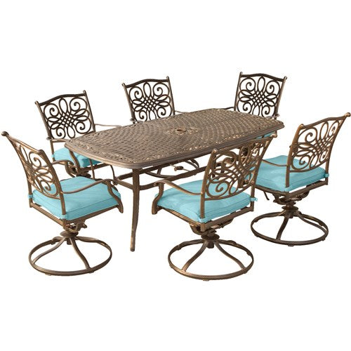 Hanover - Traditions 7pc: 6 Swivel Rockers, 38x72" Cast Table - Blue/Cast-United Backyard