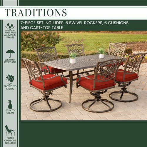 Hanover - Traditions 7pc: 6 Swivel Rockers, 38x72" Cast Table - Red/Cast-United Backyard