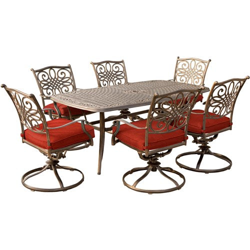 Hanover - Traditions 7pc: 6 Swivel Rockers, 38x72" Cast Table - Red/Cast-United Backyard