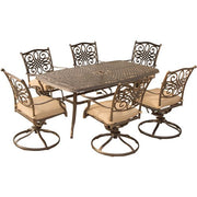 Hanover - Traditions 7pc: 6 Swivel Rockers, 38x72" Cast Table - Tan/Cast-United Backyard