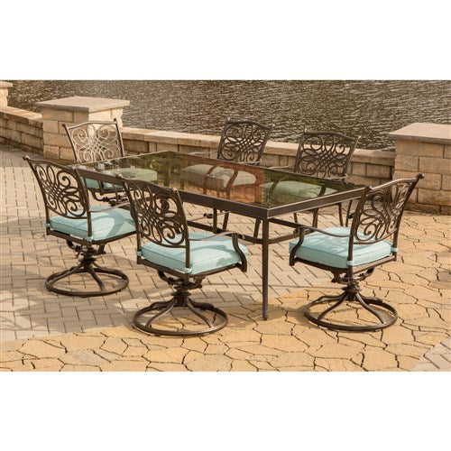 Hanover - Traditions 7pc: 6 Swivel Rockers, 42x84" Glass Top Table - Blue/Glass-United Backyard