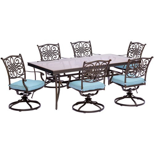Hanover - Traditions 7pc: 6 Swivel Rockers, 42x84" Glass Top Table - Blue/Glass-United Backyard