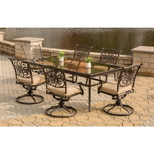 Hanover - Traditions 7pc: 6 Swivel Rockers, 42x84" Glass Top Table - Tan/Glass-United Backyard