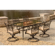 Hanover - Traditions 7pc: 6 Swivel Rockers, 42x84" Glass Top Table - Tan/Glass-United Backyard