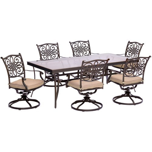 Hanover - Traditions 7pc: 6 Swivel Rockers, 42x84" Glass Top Table - Tan/Glass-United Backyard