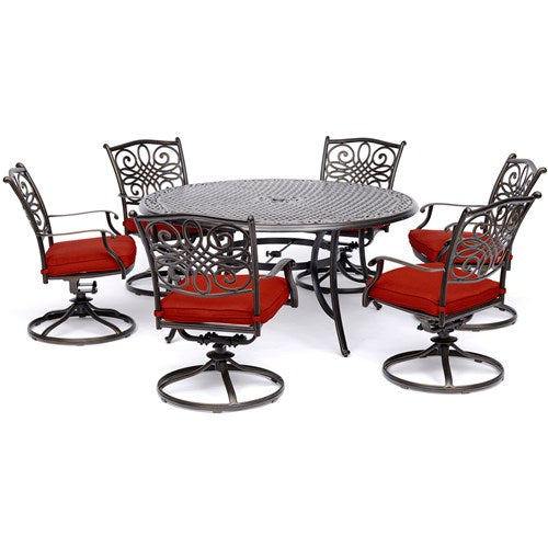 Hanover - Traditions 7pc: 6 Swivel Rockers, 60" Round Cast Table - Red/Cast-United Backyard