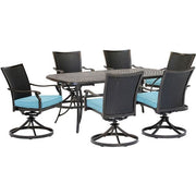 Hanover - Traditions 7pc: 6 Wicker Back Swivel Rockers, 38"x72" Cast Table - Blue/Bronze-United Backyard