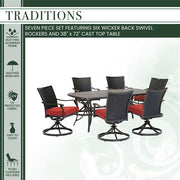 Hanover - Traditions 7pc: 6 Wicker Back Swivel Rockers, 38"x72" Cast Table - Red/Bronze-United Backyard