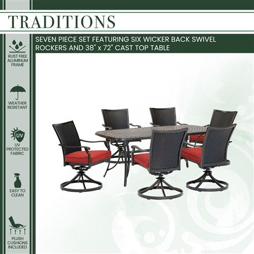 Hanover - Traditions 7pc: 6 Wicker Back Swivel Rockers, 38"x72" Cast Table - Red/Bronze-United Backyard