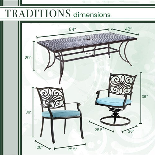 Hanover - Traditions 9pc: 6 Dining Chairs, 2 Swivel Rockers, 42x84" Cast Table - Blue/Cast-United Backyard