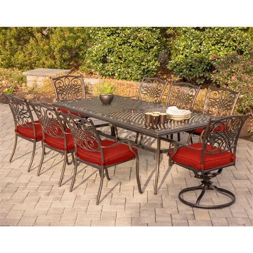Hanover - Traditions 9pc: 6 Dining Chairs, 2 Swivel Rockers, 42x84" Cast Table - Red/Cast-United Backyard