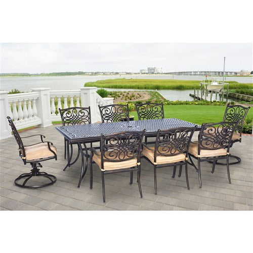 Hanover - Traditions 9pc: 6 Dining Chairs, 2 Swivel Rockers, 42x84" Cast Table - Tan/Cast-United Backyard