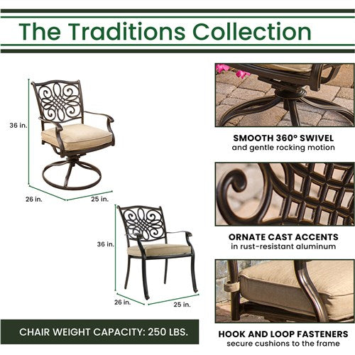 Hanover - Traditions 9pc: 6 Dining Chairs, 2 Swivel Rockers, 42x84" Cast Table - Tan/Cast-United Backyard