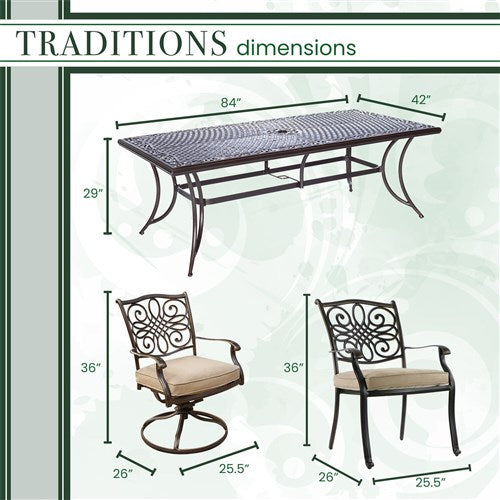 Hanover - Traditions 9pc: 6 Dining Chairs, 2 Swivel Rockers, 42x84" Cast Table - Tan/Cast-United Backyard
