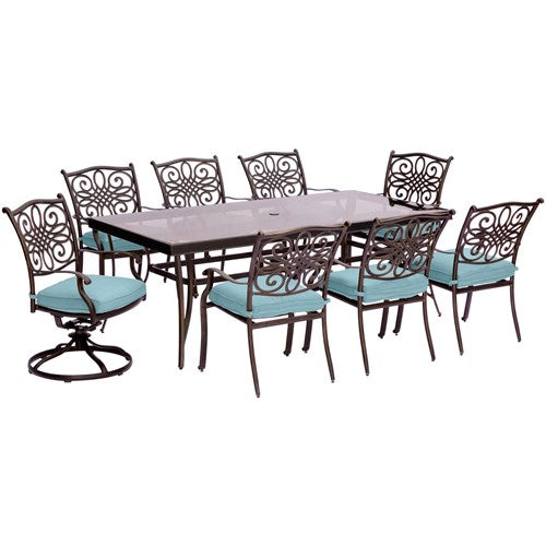 Hanover - Traditions 9pc: 6 Dining Chairs, 2 Swivel Rockers, 42x84" Glass Top Table - Blue/Glass-United Backyard