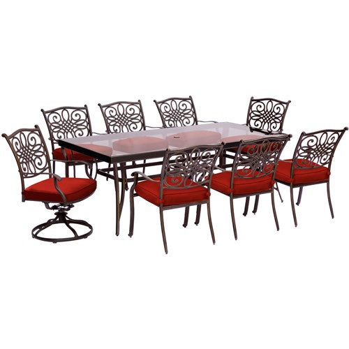 Hanover - Traditions 9pc: 6 Dining Chairs, 2 Swivel Rockers, 42x84" Glass Top Table - Red/Glass-United Backyard