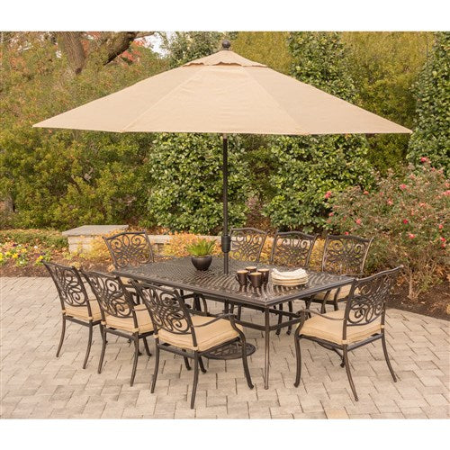 Hanover - Traditions 9pc: 8 Dining Chairs, 42x84" Cast Table, Umbrella, Base - Tan/Cast-United Backyard