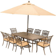Hanover - Traditions 9pc: 8 Dining Chairs, 42x84" Cast Table, Umbrella, Base - Tan/Cast-United Backyard