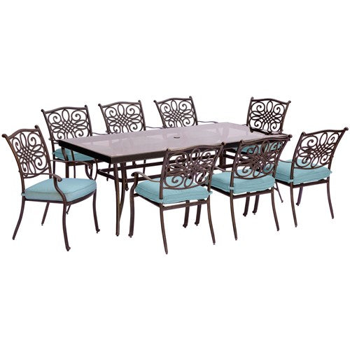 Hanover - Traditions 9pc: 8 Dining Chairs, 42x84" Glass Top Table - Blue/Glass-United Backyard
