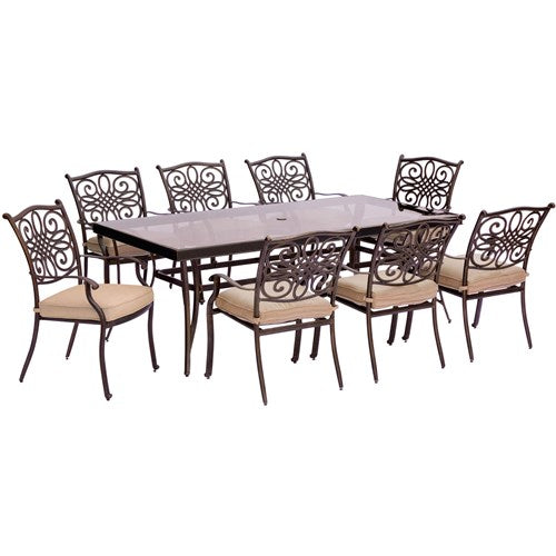 Hanover - Traditions 9pc: 8 Dining Chairs, 42x84" Glass Top Table - Tan/Glass-United Backyard