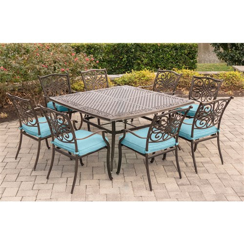 Hanover - Traditions 9pc: 8 Dining Chairs, 60" Square Cast Table - Blue/Cast-United Backyard