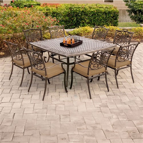 Hanover - Traditions 9pc: 8 Dining Chairs, 60" Square Cast Table - Tan/Cast-United Backyard