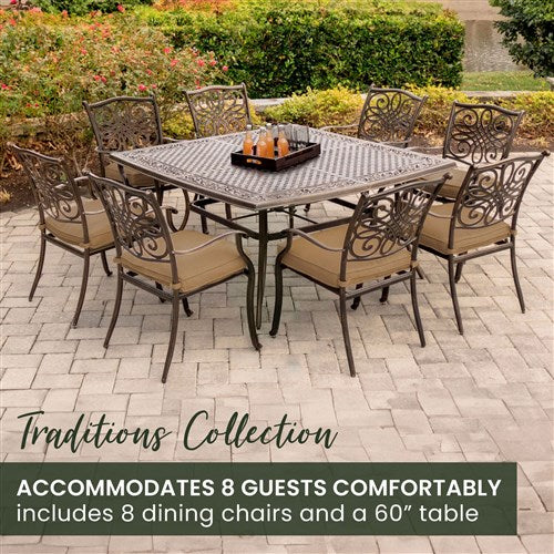 Hanover - Traditions 9pc: 8 Dining Chairs, 60" Square Cast Table - Tan/Cast-United Backyard