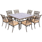 Hanover - Traditions 9pc: 8 Dining Chairs, 60" Square Glass Top Table - Tan/Glass-United Backyard
