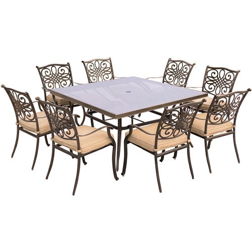 Hanover - Traditions 9pc: 8 Dining Chairs, 60" Square Glass Top Table - Tan/Glass-United Backyard