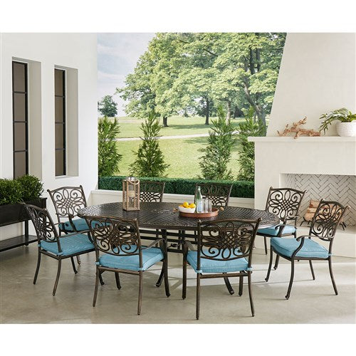 Hanover - Traditions 9pc: 8 Dining Chairs, 96"x60" Oval Cast Table - Blue/Bronze-United Backyard