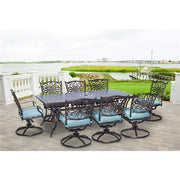 Hanover - Traditions 9pc: 8 Swivel Rockers, 42x84" Cast Table - Blue/Cast-United Backyard