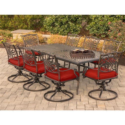 Hanover - Traditions 9pc: 8 Swivel Rockers, 42x84" Cast Table - Red/Cast-United Backyard
