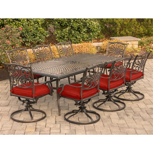 Hanover - Traditions 9pc: 8 Swivel Rockers, 42x84" Cast Table - Red/Cast-United Backyard
