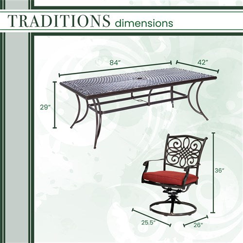 Hanover - Traditions 9pc: 8 Swivel Rockers, 42x84" Cast Table - Red/Cast-United Backyard