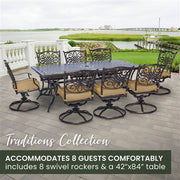 Hanover - Traditions 9pc: 8 Swivel Rockers, 42x84" Cast Table - Tan/Cast-United Backyard