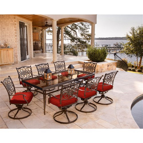 Hanover - Traditions 9pc: 8 Swivel Rockers, 42x84" Glass Top Table - Red/Glass-United Backyard