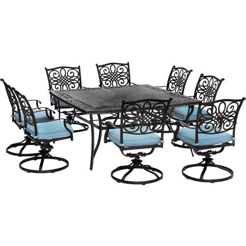Hanover - Traditions 9pc: 8 Swivel Rockers, 60" Square Cast Table - Blue/Cast-United Backyard