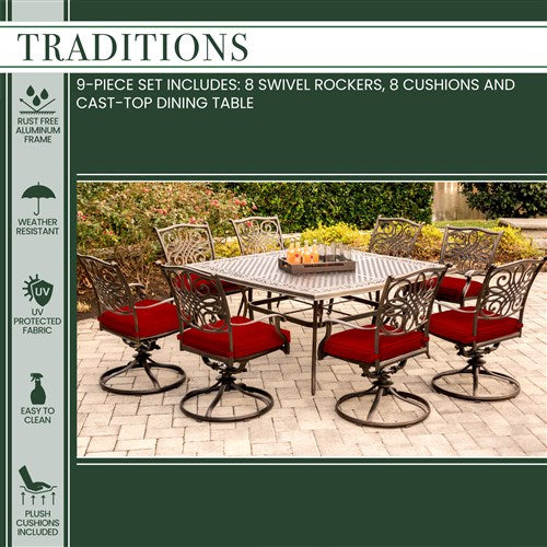 Hanover - Traditions 9pc: 8 Swivel Rockers, 60" Square Cast Table - Red/Cast-United Backyard