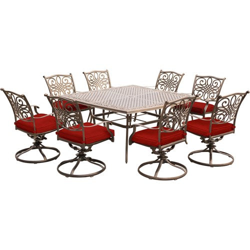Hanover - Traditions 9pc: 8 Swivel Rockers, 60" Square Cast Table - Red/Cast-United Backyard