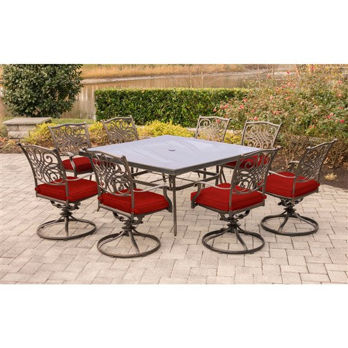 Hanover - Traditions 9pc: 8 Swivel Rockers, 60" Square Glass Top Table - Red/Glass-United Backyard