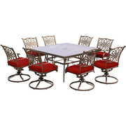 Hanover - Traditions 9pc: 8 Swivel Rockers, 60" Square Glass Top Table - Red/Glass-United Backyard