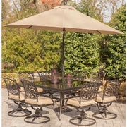 Hanover - Traditions 9pc: 8 Swivel Rockers, 60" Square Glass Top Table, Umbrella, Base - Tan/Glass-United Backyard