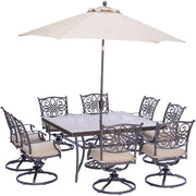 Hanover - Traditions 9pc: 8 Swivel Rockers, 60" Square Glass Top Table, Umbrella, Base - Tan/Glass-United Backyard