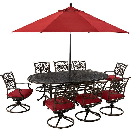 Hanover - Traditions 9pc: 8 Swivel Rockers, 96"x60" Oval Cast Table, Umbrella, Base - Red/Bronze-United Backyard