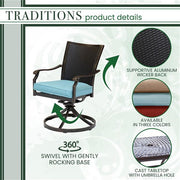 Hanover - Traditions 9pc: 8 Wicker Back Swivel Rockers, 42"x84" Cast Table - Blue/Bronze-United Backyard