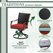 Hanover - Traditions 9pc: 8 Wicker Back Swivel Rockers, 42"x84" Cast Table - Red/Bronze-United Backyard