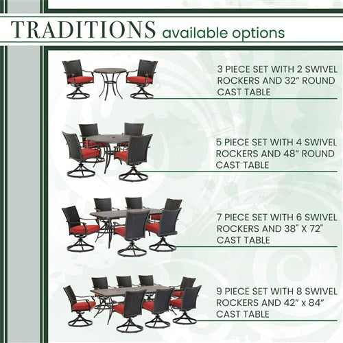 Hanover - Traditions 9pc: 8 Wicker Back Swivel Rockers, 42"x84" Cast Table - Red/Bronze-United Backyard