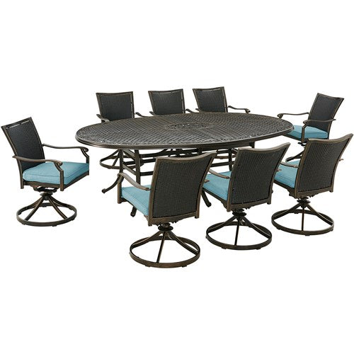 Hanover - Traditions 9pc: 8 Wicker Back Swivel Rockers, 96"x60" Oval Cast Table - Blue/Bronze-United Backyard