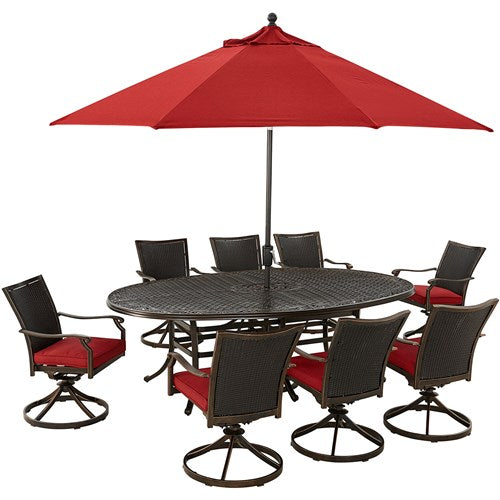 Hanover - Traditions 9pc: 8 Wicker Back Swivel Rockers, 96"x60" Oval Cast Table, Umbrella, Base - Red/Bronze-United Backyard