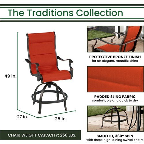 Hanover - Traditions5pc: 4 Padded Swivel Counter Hght Chairs, Slat Fire Pit Table - Red/Bronze-United Backyard
